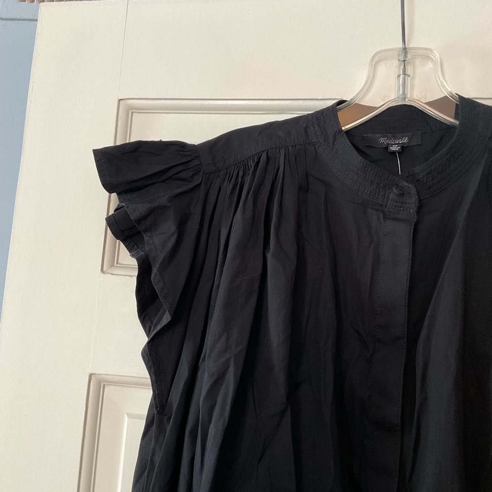 Madewell Flutter Sleeve Button-Front Mini Dress in Poplin Jet Black Size XS NWT - Picture 6 of 12